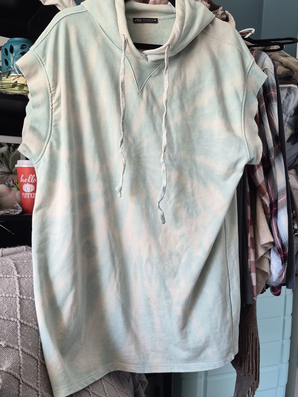 Zara Mint Green Oversized Tie-Dye Sleeveless Hoodie Sz M